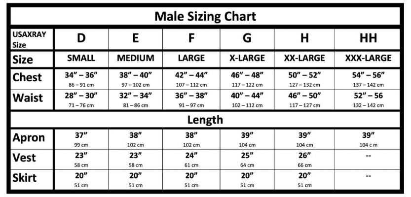 Radiation Protection Lead Apron Male Sizing chart